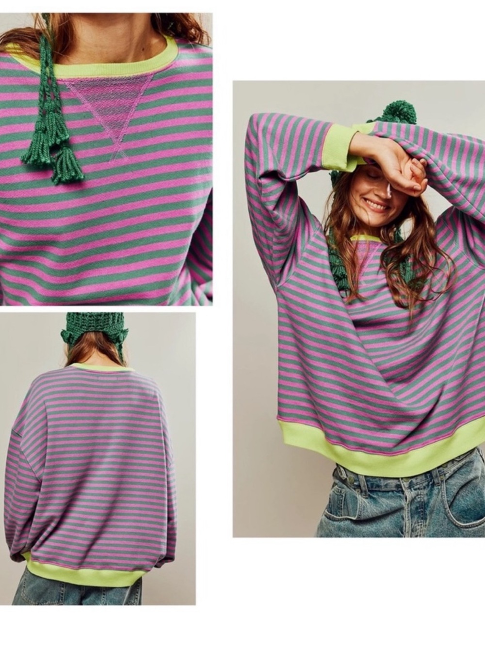We The Free Striped Crewneck Sweatshirt in Purple, Pink & Lime